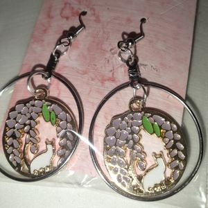 White cat with flowers in sterling silver hoop